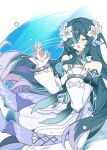  1girl bare_shoulders blue_hair caimeng_chengdie chinese_commentary closed_eyes commentary_request detached_sleeves dress fins flower genshin_impact green_hair hair_flower hair_ornament hair_over_one_eye hand_on_own_chest head_fins highres long_hair long_sleeves multicolored_hair open_mouth purple_hair singing solo very_long_hair vodyanitsa_(genshin_impact) white_dress white_flower 