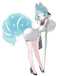  1girl absurdres animal_ears aqua_eyes aqua_hair bare_shoulders bell beret black_shirt black_shoes closed_mouth commentary covered_navel dress english_commentary full_body hat high_heels highres hoshi_usagi interlocked_fingers leaning_to_the_side looking_at_viewer mercedes_(hoshi_usagi) neck_bell needle original oversized_object sewing_needle shirt shoes short_dress short_hair simple_background sleeveless sleeveless_shirt smile solo standing strapless strapless_dress string tail thigh_strap white_background white_dress white_hat 