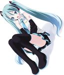  aqua_eyes aqua_hair boots detached_sleeves dutch_angle fang hatsune_miku headset ink_(artist) legs long_hair necktie panties pantyshot pantyshot_(sitting) sitting skirt solo striped striped_panties thigh_boots thighhighs twintails underwear vocaloid 