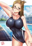  1girl artist_name bare_arms bare_shoulders black_one-piece_swimsuit border breasts brown_eyes brown_hair building casual_one-piece_swimsuit cleavage closed_mouth collarbone commentary_request covered_navel english_commentary glasses groin half_updo hand_on_own_thigh highres large_breasts letterboxed long_hair long_sidelocks looking_at_viewer miracle_hoshi mixed-language_commentary one-piece_swimsuit original outside_border pool rectangular_eyewear seal_impression semi-rimless_eyewear shade sidelocks skyscraper smile solo swimsuit upper_body watermark 