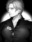  1boy beard_stubble closed_mouth collarbone collared_shirt facial_hair facing_to_the_side frown greyscale hair_behind_ear highres leon_s._kennedy looking_to_the_side male_focus monochrome open_collar parted_hair profile resident_evil shirt short_hair solo sound_effects stubble tight_clothes twitter_username upper_body wttm1998 