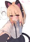  1boy 1girl anger_vein animal_ear_headphones animal_ears black_skirt blonde_hair blue_archive blue_necktie blush bow cat_ear_headphones cat_ears cat_tail clothes_grab collared_shirt commentary_request doodle_sensei_(blue_archive) fake_animal_ears hair_bow halo headphones highres long_sleeves looking_at_viewer momoi_(blue_archive) monitomato necktie necktie_grab neckwear_grab open_mouth pink_bow pink_halo red_eyes sensei_(blue_archive) shirt simple_background skirt suspenders tail white_background white_shirt 