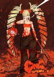  1girl 1other axe baggy_pants bikini bikini_under_clothes black_pants cigarette commentary dirty_hands drill_hair drill_sidelocks flat_chest hair_ornament highres holding holding_axe jack-o'-lantern jack-o'-lantern_hair_ornament leotard long_hair lowleg lowleg_pants machigatta_ko_wo_mahou_shoujo_ni_shite_shimatta majiba_kayo orange_bikini pants sidelocks smoking souryu strapless strapless_leotard swimsuit twin_drills untranslatable_commentary very_long_hair 