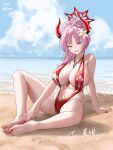  1girl absurdres artist_name barefoot beach blue_archive breasts cleavage cloud cloudy_sky commentary_request cosplay fang feet flower footprints full_cleavage goddess_of_victory:_nikke hair_flower hair_ornament halo hand_on_ground highres horns j.c.14 lanyard large_breasts lifeguard marciana_(marine_study)_(nikke) marciana_(nikke) marciana_(nikke)_(cosplay) mole mole_on_breast nail_polish navel_piercing o-ring_slingshot_swimsuit ocean open_mouth piercing pink_hair red_halo red_horns red_nails red_slingshot_swimsuit sand satsuki_(blue_archive) sitting sky slingshot_swimsuit solo swimsuit teeth toenail_polish toenails toes upper_teeth_only watermark yellow_eyes 