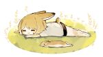  1girl :3 animal animal_ears animal_feet animal_hands black_shorts blonde_hair blush_stickers closed_eyes commentary_request day grass lying multicolored_hair on_stomach original outdoors plant rabbit rabbit_ears rabbit_girl rabbit_tail relaxing sakutake_(ue3sayu) shirt short_hair shorts sprout t-shirt tail white_background white_shirt 