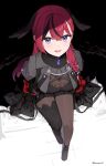  1girl :d black_boots black_dress black_pantyhose black_thighhighs boots braid breasts brown_streaks capelet commentary dress earrings enosan from_above gem grey_capelet hair_ribbon head_wings highres jewelry konkon_aria konkon_aria_(1st_costume) large_breasts long_hair long_sleeves looking_at_viewer looking_up multicolored_hair nail_polish neo-porte pantyhose purple_eyes purple_gem red_hair red_nails ribbon see-through_cleavage see-through_clothes single_thighhigh sitting smile solo streaked_hair thighhighs twitter_username virtual_youtuber wings 