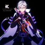  1boy artist_name black_background black_coat closed_mouth coat coat_on_shoulders commentary_request curtained_hair earrings eiyuu_densetsu fire frown hanabi_(byhanabi) high_collar holding holding_sheath holding_sword holding_weapon jewelry large_belt long_coat long_sleeves looking_at_viewer male_focus open_clothes open_coat outer_glow parted_bangs purple_eyes rean_schwarzer sen_no_kiseki_(series) sen_no_kiseki_iv sheath short_hair simple_background single_earring solo straight-on sword sword_tassel tachi_(weapon) tassel tsurime unsheathing upper_body v-shaped_eyebrows watermark weapon weapon_tassel white_coat white_hair 