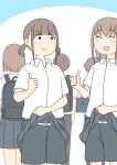  2boys 3girls :d ^_^ backpack bag blue_background blush brown_hair closed_eyes closed_mouth clothes_lift collared_shirt commentary_request grey_pants grey_shorts grey_skirt gym_shorts juukyuu kanako_(juukyuu) lifting_own_clothes multiple_boys multiple_girls original pants pleated_skirt school_bag school_uniform shirt short_sleeves shorts shorts_under_skirt skirt skirt_lift smile solid_circle_eyes thumbs_up tomo_(juukyuu) twintails two-tone_background v-shaped_eyebrows white_background white_shirt yui_(juukyuu) 