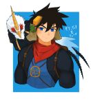  1boy akumesik animal_on_shoulder backpack bag bird bird_on_shoulder black_shrug blue_background blue_eyes blue_shirt brown_bag brown_hair commentary compression_shirt cropped_torso grandia grandia_ii highres outside_border red_scarf ryudo_(grandia) scarf shirt short_hair shrug_(clothing) skye_(grandia) smile spiked_hair 