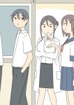  2boys 2girls arms_under_breasts blue_sailor_collar blue_skirt breasts brown_background brown_hair brown_neckerchief collared_shirt commentary_request crossed_arms dress_shirt feet_out_of_frame grey_hair grey_pants grey_skirt hair_between_eyes hair_bun hand_in_pocket juukyuu lab_coat medium_breasts multiple_boys multiple_girls mutsumi_(juukyuu) neckerchief o3o one_side_up open_clothes original pants pleated_skirt sailor_collar school_uniform serafuku shiho_(juukyuu) shirt skirt sliding_doors standing two-tone_background white_background white_shirt 