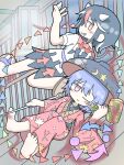  2girls barefoot black_hair blush blush_stickers bowl bowl_hat closed_mouth colored_smoke commentary_request cone_horns from_side full_body furisode furisode_sleeves hand_up hat highres holding holding_mallet holding_needle horns japanese_clothes kijin_seija kimono long_sleeves looking_at_viewer mallet miracle_mallet multicolored_hair multiple_girls nativefaith9696 needle needle_sword obi one_eye_closed open_mouth purple_eyes purple_hair rainbow_order red_eyes red_kimono red_streaks sandals sash sharp_teeth short_hair short_sleeves small_horns smile smoke streaked_hair sukuna_shinmyoumaru teeth touhou white_hair white_horns white_streaks wide_sleeves 