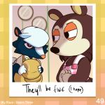 1:1 2023 4_fingers animal_crossing anthro apron arms_bent bangs biped black_eyebrows black_eyes black_nose blue_body blue_fur blue_tail bottomwear brown_body brown_fur brown_hair brown_inner_ear cel_shading cheek_tuft clothed clothed_anthro clothed_female clothed_male clothing collared_shirt colored cookieboy011 digital_drawing_(artwork) digital_media_(artwork) dress_shirt duo english_description english_text eulipotyphlan eye_contact eyebrows facial_markings facial_tuft female female_anthro fingers fist_in_palm freckled_face freckles fully_clothed fully_clothed_anthro fully_clothed_male fur grey_tail hair hat head_markings headgear headwear hedgehog holding_clothing holding_hat holding_headgear holding_headwear holding_object inside kicks_(animal_crossing) light lighting looking_at_another male male_anthro mammal markings mephitid mouthless multicolored_body multicolored_fur narrowed_eyes nintendo no_pupils number orange_eyelids orange_inner_ear orange_nose pants pattern_apron pattern_background pattern_clothing photo pink_apron pink_clothing pink_freckles plaid plaid_apron plaid_background plaid_clothing pupils purple_eyes purple_tail sable_able shaded shirt simple_background skunk squint story story_in_description suspenders tail tan_face tan_hands text thin_eyebrows title topwear tuft two_tone_tail wall_(structure) white_hair white_hands white_markings white_pupils white_sclera yellow_bottomwear yellow_clothing yellow_hat yellow_headwear yellow_pants