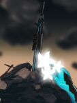  1girl blue_gloves chinese_commentary commentary_request dionysianlunar flower gloves glowing_flower highres holding holding_flower icey icey_(game) object_focus planted planted_sword pov pov_hands ruins sword weapon white_flower 