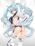  aqua_hair ass breasts gloves hand_on_hip highres hitowa long_hair looking_back mechanical_parts medium_breasts original purple_eyes sideboob solo tail thighhighs twintails very_long_hair 