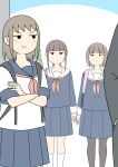  >:) 1boy 3girls aki_(juukyuu) backpack bag blue_background blue_serafuku blue_shirt blue_skirt blush brown_hair closed_mouth commentary_request crossed_arms grey_jacket grey_pants jacket juukyuu long_hair long_sleeves multiple_girls neckerchief original pants pink_neckerchief pleated_skirt riko_(juukyuu) school_uniform serafuku shirt short_sleeves skirt small_sweatdrop smile sweat two-tone_background v-shaped_eyebrows white_background white_shirt yuu_(juukyuu) 