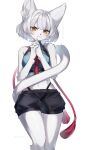  1girl :3 absurdres animal_ear_fluff animal_ears animal_nose bare_shoulders black_shorts body_fur cat_ears cat_girl cat_tail commentary_request cowboy_shot furry furry_female hands_up highres interlocked_fingers kawarage_yatano light_blush navel_peek original own_hands_clasped own_hands_together pawpads short_hair shorts stomach tail tail_wrap white_background white_fur yellow_eyes 