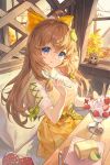  1girl a-soul ahoge blue_eyes bow commentary_request diana_(a-soul) food fruit hair_bow hair_ornament highres holding holding_spoon indoors long_hair looking_at_viewer orange_hair parfait shirt sitting skirt smile solo spoon strawberry white_shirt yellow_skirt 