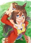  1girl absurdres animal_ears black_thighhighs blue_eyes blue_skirt blush breasts brown_hair cleavage coat commentary_request domino_mask ear_scrunchie el_condor_pasa_(el_numero_1)_(umamusume) el_condor_pasa_(umamusume) eye_mask hair_between_eyes hand_up highres horse_ears horse_girl horse_tail jacket large_breasts long_hair long_sleeves looking_at_viewer mashiroken07 mask open_mouth ponytail red_coat red_jacket red_shoes shirt shoes skirt smile solo tail thighhighs umamusume yellow_shirt 
