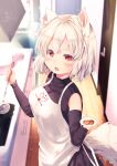  1girl :o alternate_costume animal_ear_fluff animal_ears apron blurry blurry_background breasts commentary_request detached_sleeves door fang highres holding holding_ladle holding_plate indoors inubashiri_momiji kemo_chiharu kitchen ladle looking_at_viewer medium_breasts miso_soup open_mouth plate short_hair signature solo tail touhou white_apron white_hair wolf_ears wolf_girl wolf_tail 