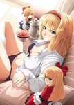  alice_margatroid bad_id bad_pixiv_id black_bra black_panties blonde_hair blue_eyes blush bow bra breasts cleavage couch cup doll dress_shirt eyelashes fingernails green_eyes hair_bow hairband hourai_doll imizu_(nitro_unknown) lingerie long_hair medium_breasts multiple_girls navel open_clothes open_shirt panties red_eyes shanghai_doll shirt short_hair smile staring teacup teapot touhou underwear 