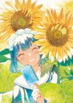  1girl blush bob_cut closed_eyes collared_shirt commentary_request flower food frilled_hairband frills hairband highres ice_cream maeya_susumu maid maid-san_wa_taberu_dake school_uniform shirt smile sunflower suzume_(maid-san_wa_taberu_dake) 