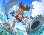  1girl bikini bikini_top_only brown_hair cloud cloudy_sky commentary commission english_commentary fish frilled_bikini frills japanese_clothes kimono looking_at_viewer marine_angelfish midriff navel ocean open_mouth original outdoors print_kimono shorts sky smile solo swimsuit turtle twintails ve_0ekaki water_drop waving whale_shark 