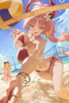  2girls absurdres ball bare_arms bare_legs bare_shoulders beach_volleyball bikini bird blonde_hair blue_archive blue_sky bracelet braid breasts bridge cloud commentary copyright_name day dutch_angle earrings floating_hair flower gold_earrings hair_flower hair_ornament halo hand_up highres hoop_earrings horns ibuki_(blue_archive) ibuki_(swimsuit)_(blue_archive) jewelry large_breasts legs light_particles long_hair looking_at_another looking_at_viewer mole mole_on_breast multiple_girls multiple_rings nail_polish navel ocean official_alternate_costume one-piece_swimsuit open_mouth outdoors outstretched_arm parted_bangs pink_hair pink_nails pink_one-piece_swimsuit playing_sports red_bikini red_halo red_horns rega ring sand satsuki_(blue_archive) satsuki_(swimsuit)_(blue_archive) side-tie_bikini_bottom sky smile standing stomach sunlight sweat swimsuit teeth thighs twin_braids unaligned_breasts upper_teeth_only volleyball_(object) volleyball_(sport) volleyball_net wet white_flower yellow_eyes yellow_halo 