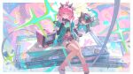  2girls absurdres ahoge aqua_jacket belt black_hair cassette_tape chinese_commentary commentary_request crt fur-trimmed_shorts fur_trim ghost_girl green_eyes hair_between_eyes hair_over_one_eye headphones highres jacket linko_(nte) looking_at_viewer loose_socks medium_hair midriff multiple_girls musical_note navel neverness_to_everness open_clothes open_jacket parted_lips pink_eyes pink_hair ruanxiao shirt short_shorts shorts sitting socks tamagotchi_(virtual_pet) thigh_belt thigh_strap tied_shirt virtual_pet_(toy) xiaozhen_(nte) 