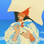  1other absurdres akino_kogomi ambiguous_gender beach black_hair blouse burning curly_hair faceless highres holding holding_matchstick matchstick nail_polish original paper seaside shirt sky smile wind 