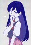  1girl :3 black_hair black_vest blush commentary grey_background heart kei_(wa_shoi) long_hair looking_at_viewer mari_(omori) neckerchief omori pink_skirt red_neckerchief shirt signature skirt solo vest white_shirt 