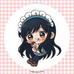  1girl apron artist_request black_hair black_pantyhose blue_dress blue_hairband blush border brown_eyes brown_shoes chibi chibi_only copyright_logo copyright_notice crepe dress english_text food food_court_de_mata_ashita food_on_face frilled_apron frilled_dress frills fruit full_body gingham_border hairband holding holding_crepe holding_food licking_lips logo long_hair long_sidelocks looking_at_viewer maid maid_apron maid_headdress mary_janes official_art pantyhose second-party_source shoes short_dress sidelocks solo tongue tongue_out very_long_hair wada_(food_court) white_apron white_background white_border 