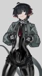  1boy absurdres ahoge animal_ears aqua_eyes black_bodysuit black_gloves black_hair bodysuit bodysuit_under_clothes cropped_jacket crotch_zipper ear_piercing genderswap genderswap_(ftm) genieko gloves green_jacket grey_background hair_over_one_eye highres jacket jane_doe_(zenless_zone_zero) john_doe_(zenless_zone_zero)_(scopeophilia) latex latex_bodysuit looking_at_viewer male_focus piercing shiny_clothes short_shorts shorts skin_tight smile solo standing tail zenless_zone_zero 