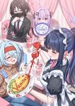  4girls absurdres alternate_costume apron aqua_hair arius_squad_(blue_archive) atsuko_(blue_archive) black_hair black_jacket blue_archive blue_eyes blue_hair blue_halo blush breasts brown_eyes commentary_request cup drinking_glass food food_writing glowstick grey_halo hair_between_eyes hair_over_one_eye halo high_ponytail highres hiyori_(blue_archive) holding holding_glowstick holding_tray jacket jirai_kei ketchup ketchup_bottle long_hair maid maid_headdress mask misaki_(blue_archive) mouth_mask multicolored_hair multiple_girls necktie omelet omurice otaku parfait parfait_glass ponytail purple_hair red_eyes red_halo round_eyewear saori_(blue_archive) shirt short_hair simoumi_217 sitting squeeze_bottle tray two-tone_hair white_apron 