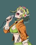  1girl absurdres beeebx breasts choker commentary crop_top english_commentary face_piercing goggles goggles_on_head green_eyes green_hair green_shirt gumi gumi_(v3_megpoid) highres holding holding_microphone jacket long_sleeves looking_at_viewer microphone nose_piercing open_mouth orange_jacket piercing septum_piercing shirt short_hair singing solo upper_body vocaloid 