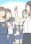  6+girls ^_^ aki_(juukyuu) arms_up azusa_(juukyuu) backpack bag bare_arms black_bra blue_background blue_sailor_collar blue_serafuku blue_shirt blue_skirt blush bra breasts brown_bra chihiro_(juukyuu) closed_eyes closed_mouth collared_shirt commentary_request dress_shirt flying_sweatdrops grey_skirt holding holding_bra holding_underwear holding_unworn_clothes juukyuu long_hair medium_breasts multiple_girls mutsumi_(juukyuu) one_side_up open_mouth original pleated_skirt profile riko_(juukyuu) sailor_collar school_uniform serafuku shiho_(juukyuu) shirt skirt sleeveless sleeveless_shirt smile solid_circle_eyes twintails two-tone_background underwear unworn_bra v-shaped_eyebrows white_background white_bra white_sailor_collar white_shirt yuu_(juukyuu) 
