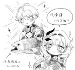  +_+ 1boy 1girl blush_stickers coat commentary_request corset elysia_(honkai_impact) elysia_(miss_pink_elf)_(honkai_impact) fish gloves greyscale hair_ornament highres honkai_(series) honkai_impact_3rd kevin_kaslana long_hair monochrome nenetco37 short_hair smile speech_bubble translation_request 