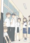  3girls 4boys ^^^ azusa_(juukyuu) blue_sailor_collar blush brown_hair collared_shirt commentary_request dress_shirt grey_pants grey_sandals grey_skirt grey_socks hair_between_eyes hair_bun hair_over_shoulder indoors juukyuu lab_coat loafers long_hair low_twintails multiple_boys multiple_girls mutsumi_(juukyuu) one_side_up open_clothes open_mouth original pants parted_lips pointing ponytail sailor_collar sandals school_uniform serafuku shiho_(juukyuu) shirt shoes skirt small_sweatdrop socks sweat twintails v-shaped_eyebrows white_shirt white_shoes window 