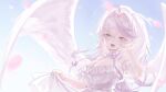  1girl ahoge bare_shoulders blue_eyes breasts cleavage commentary_request commission dress elia_stellaria feathered_wings hair_intakes hands_up highres indie_virtual_youtuber large_breasts long_hair looking_at_viewer off-shoulder_dress off_shoulder open_mouth skeb_commission solo umeumeduka upper_body virtual_youtuber white_dress white_hair white_wings wings 