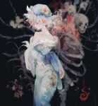  1girl absurdres bare_shoulders blue_hat blue_kimono breasts cherry_blossoms cleavage collarbone commentary dated_commentary embellished_costume floral_print floral_print_kimono flower hat highres japanese_clothes kimono large_breasts long_sleeves mob_cap off_shoulder pink_flower pink_hair print_kimono saigyouji_yuyuko sesmkun skull solo touhou triangular_headpiece wide_sleeves 