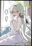  1girl bite_mark bite_mark_on_shoulder black_tail blue_archive blue_nightgown blue_pajamas blush bra commentary covering_privates covering_with_blanket demon_tail embarrassed fang green_hair green_halo grey_scrunchie hair_between_eyes hair_intakes halo hickey highres implied_after_sex long_hair looking_at_viewer low_side_ponytail nightgown nose_blush nozomi_(blue_archive) nozomi_(kujibikido)_(blue_archive) nude nude_cover official_alternate_costume official_alternate_hairstyle open_mouth pajamas pointy_ears puff_of_air sak_(lemondisk) scrunchie side_ponytail sketch_background solo surprised tail under_covers underwear unworn_bra unworn_clothes white_bra yellow_eyes 