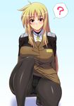  ? black_legwear blonde_hair blush breasts crotch_seam curvy fate_testarossa huge_breasts kneeling long_hair lyrical_nanoha mahou_shoujo_lyrical_nanoha_strikers mikemono_yuu military military_uniform panties panties_under_pantyhose pantyhose pencil_skirt red_eyes skirt solo thick_thighs thighs tsab_ground_military_uniform underwear uniform upskirt 