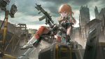 1girl absurdres advarcher assault_rifle asymmetrical_legwear black_thighhighs boots breasts cloud cloudy_sky commentary crossed_legs earrings english_commentary feather_earrings feathers gradient_hair gun h&amp;k_hk416 headset highres holding holding_gun holding_weapon hololive hololive_english jewelry large_breasts long_hair looking_at_viewer medium_breasts mismatched_legwear mismatched_thighhighs multicolored_hair orange_hair orange_shorts orange_thighhighs outdoors purple_eyes rifle shirt short_sleeves shorts sitting sky solo takanashi_kiara thighhighs virtual_youtuber weapon white_boots 