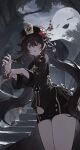  1girl :o absurdres beads black_nails black_shorts blush brown_coat brown_hair chinese_clothes coat coattails flower flower-shaped_pupils genshin_impact ghost ghost_pose hair_between_eyes hat hat_flower hat_tassel highres hu_tao_(genshin_impact) jewelry long_hair long_sleeves looking_at_viewer multiple_rings nail_polish open_mouth outdoors plum_blossoms porkpie_hat red_eyes red_flower ring short_shorts shorts sky solo sparrow4193941 stairs symbol-shaped_pupils tailcoat tassel thighs thumb_ring tree twintails very_long_hair 
