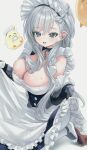  1girl absurdres apron azur_lane baby_animal belfast_(azur_lane) bird blue_eyes blush braid breasts chain chick cleavage collar collarbone commentary_request frills gloves half_up_braid hampo1219 highres large_breasts long_hair looking_at_viewer maid maid_headdress manjuu_(azur_lane) smile solo white_hair 