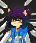 anthro artist_name bell bell_collar blue_clothing blue_hoodie blue_topwear bust_portrait clothing collar colored crossed_arms domestic_cat ear_piercing felid feline felis female fur fuuki_art gradient_background grey_background hair hi_res hoodie inner_ear_fluff line_art mammal melee_weapon meme naomi_(fuuki_art) offscreen_character orange_eyes piercing portrait purple_hair red_collar shaded simple_background solo_focus sword tan_body tan_fur text threatening_with_weapon topwear tuft unpopular_opinion weapon