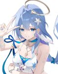  1girl absurdres animal bikini bird breasts cleavage commentary halo head_wings highres holding holding_animal holding_bird honkai:_star_rail honkai_(series) jewelry large_breasts long_hair looking_at_viewer necklace nicel official_alternate_costume robin_(honkai:_star_rail) robin_(summeretto)_(honkai:_star_rail) simple_background smile solo starfish swimsuit upper_body very_long_hair white_background white_bikini white_wings wings 