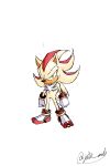  1boy absurdres animal_ears animal_nose arms_at_sides artist_name body_fur clenched_hands closed_mouth full_body furry furry_male gloves green_eyes highres jat0_art looking_at_viewer male_focus red_hair shadow_the_hedgehog simple_background solo sonic_(series) standing super_shadow tail twitter_username white_background white_gloves yellow_fur 