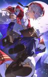  1boy absurdres beret bird book boots chinese_commentary city closed_mouth commentary_request elf enzo_(roco_kingdom:_world) floating from_below full_body full_moon gloves grey_hair hair_between_eyes hat highres holding holding_book jewelry lengjunwangzi_kris long_sleeves looking_at_viewer male_focus moon night open_book pants pointy_ears purple_eyes ring roco_kingdom roco_kingdom:_world shirt short_hair sitting sky solo star_(sky) starry_sky white_shirt 