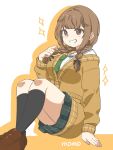  1girl black_ribbon black_socks braid breasts brown_cardigan brown_eyes brown_hair brown_shoes cardigan character_name cinderella_series commentary green_necktie grin hachigatsu_no_cinderella_nine hair_ribbon highres jojima_momo kneehighs large_breasts low_twin_braids necktie plaid_clothes plaid_skirt renta_kita ribbon sailor_collar satogahama_school_uniform school_uniform shirt shoes sitting skirt smile socks solo sparkle teeth twin_braids white_sailor_collar white_shirt 