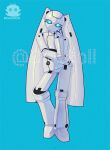  1girl blue_background blue_sclera colored_sclera colored_skin dedroll drossel_von_flugel fireball_(series) hand_on_own_hip humanoid_robot joints mechanical_hair no_mouth retrofuturism robot robot_girl robot_joints science_fiction twintails white_skin 